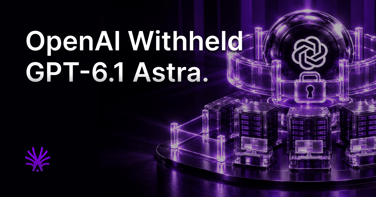 OpenAI Withheld GPT-6.1 Astra: a glowing purple padlock and OpenAI logo above a ring of secured servers